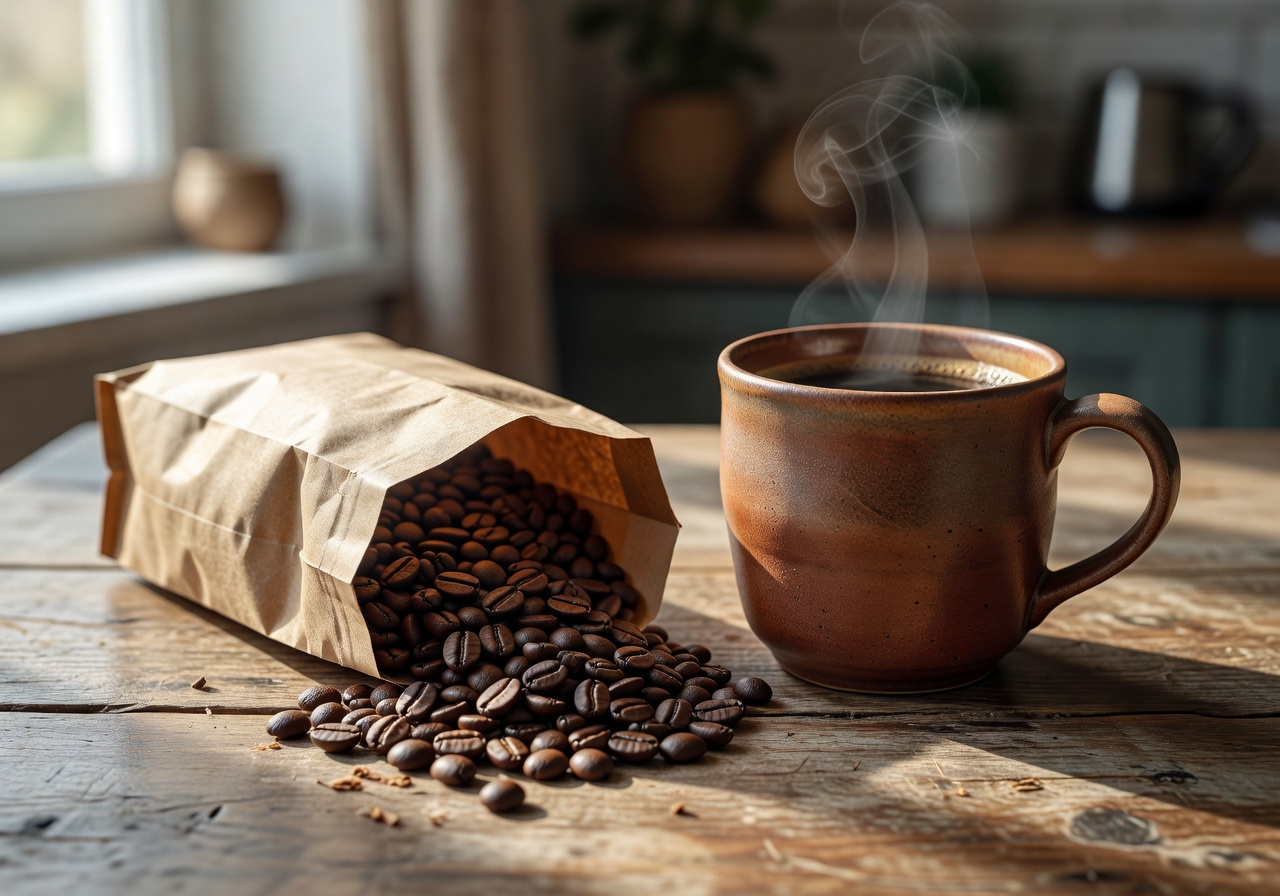Bag of whole bean coffee beside a ceramic mug