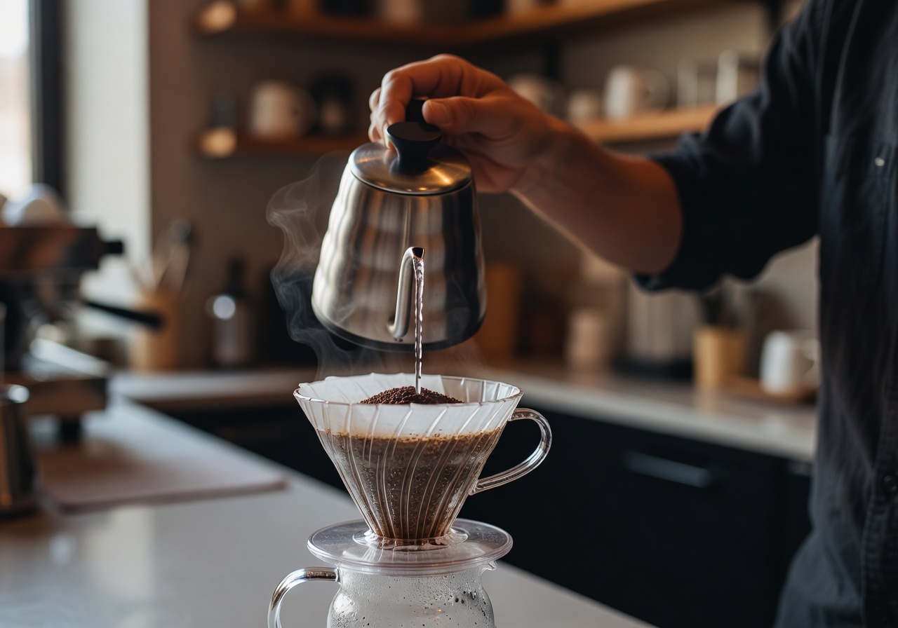 Barista hand-pouring water over coffee grounds in a glass dripper