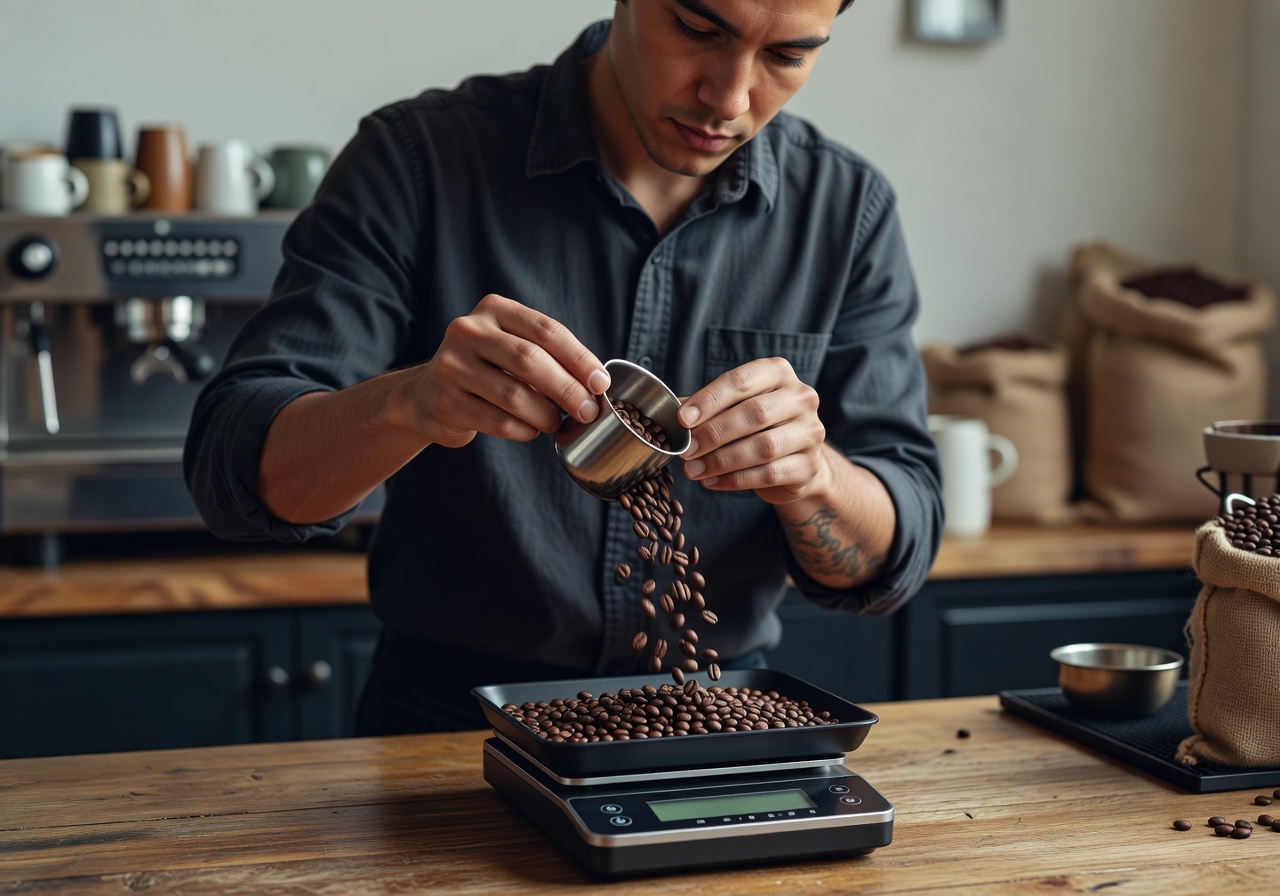Barista weighing coffee beans on a digital scale