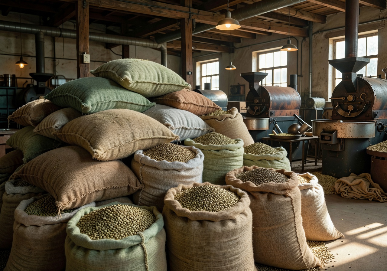 Burlap sacks of green coffee beans in a roastery