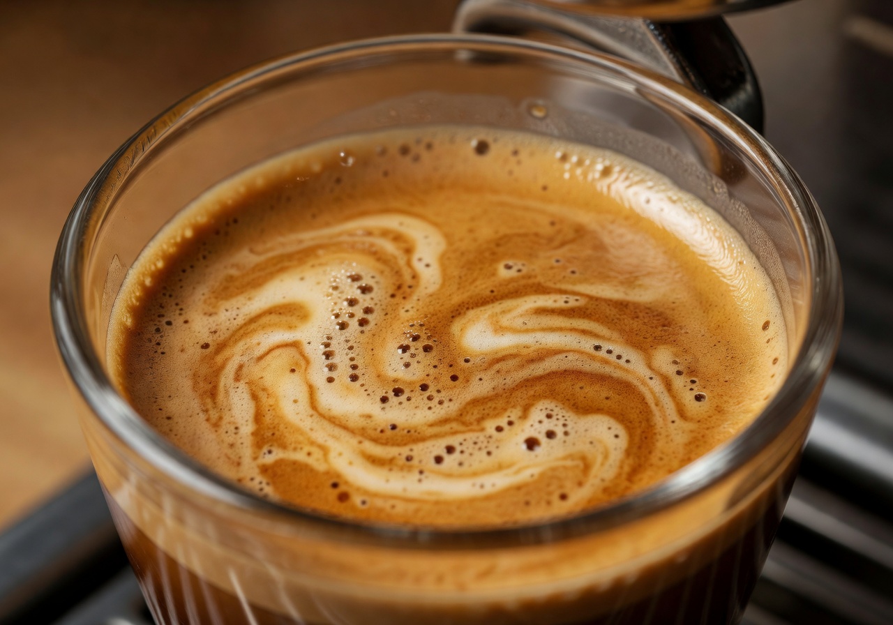 Close-up of crema on a freshly pulled espresso shot