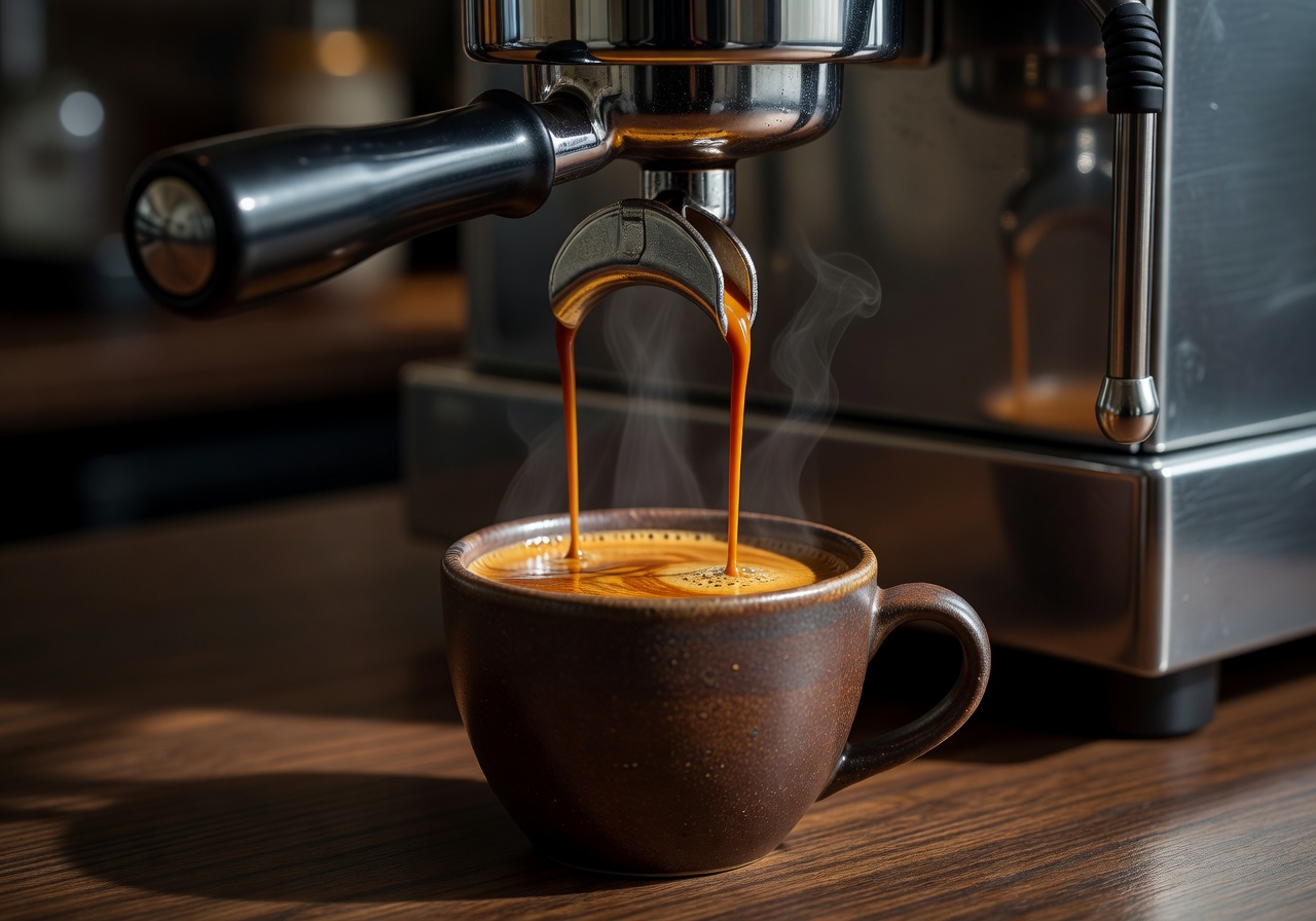 Espresso shot pouring into a small ceramic cup