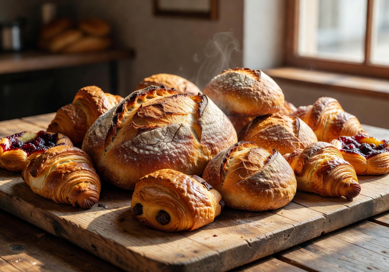 Freshly baked sourdough and pastries on a wooden board