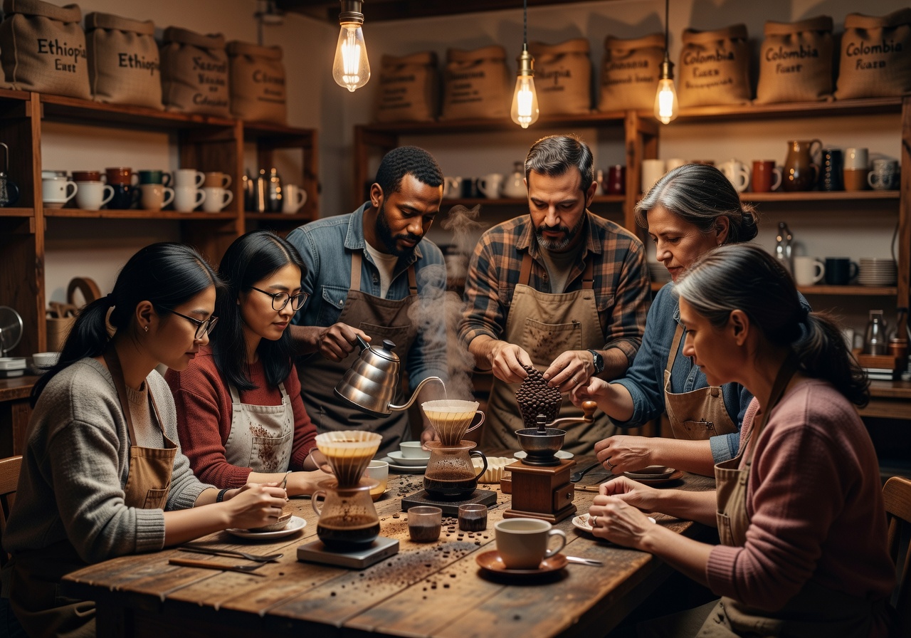 Group of people in a cozy coffee workshop setting