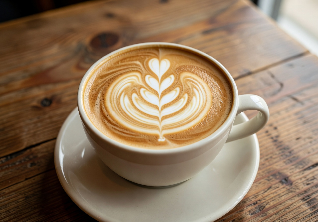 Latte with intricate rosetta art on a wooden table