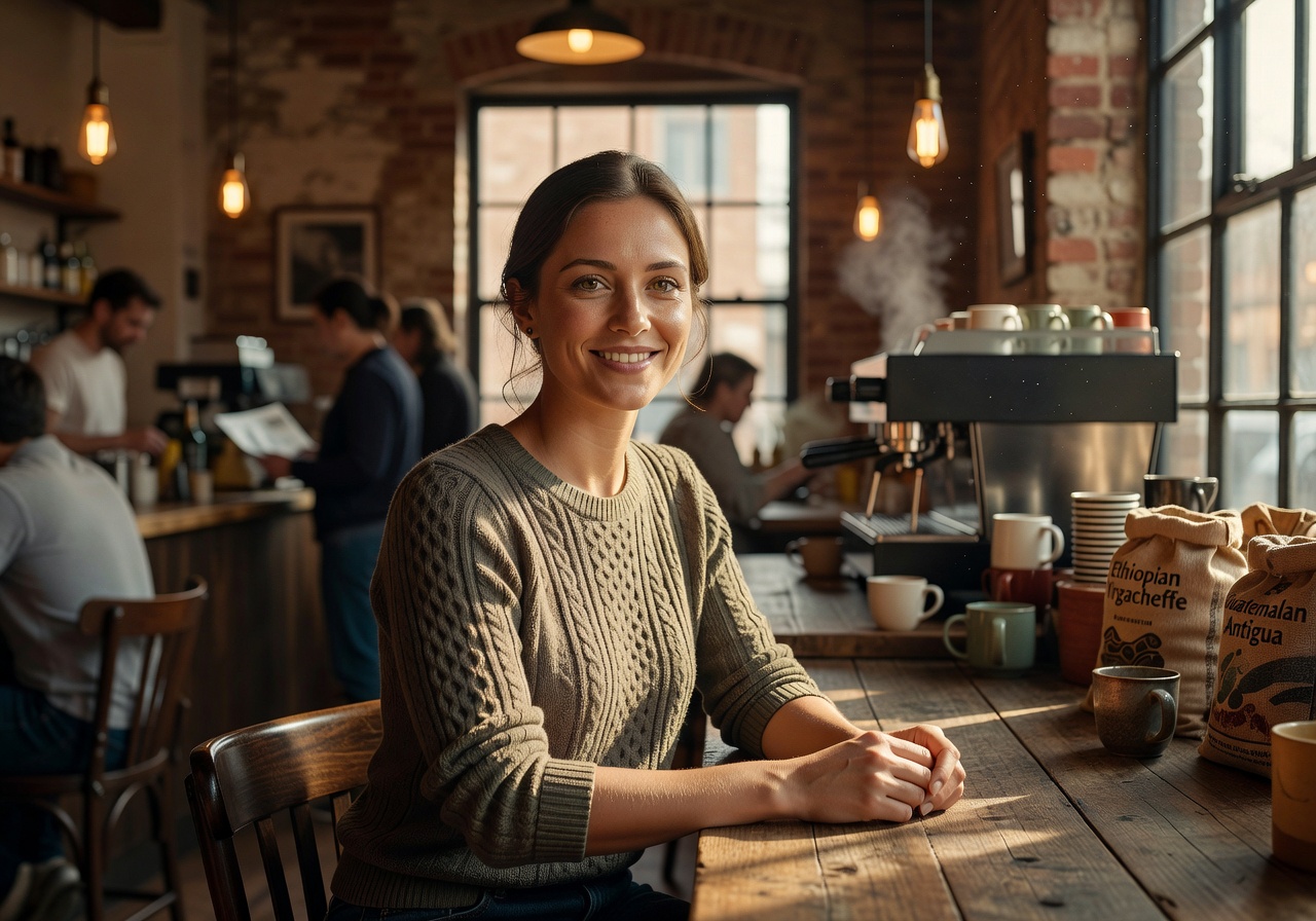 Portrait of co-founder with warm smile in cafe