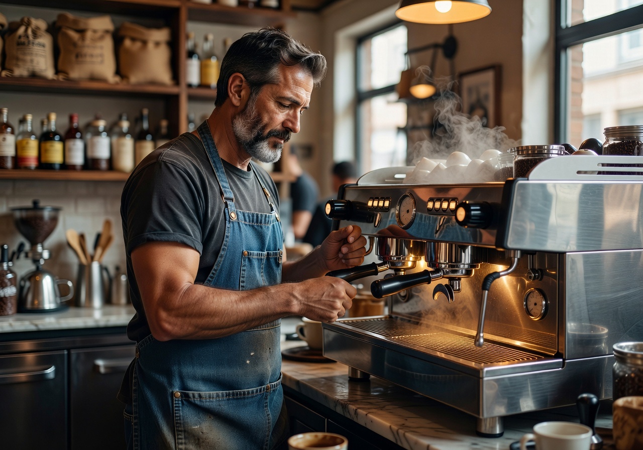 Portrait of lead barista at espresso machine