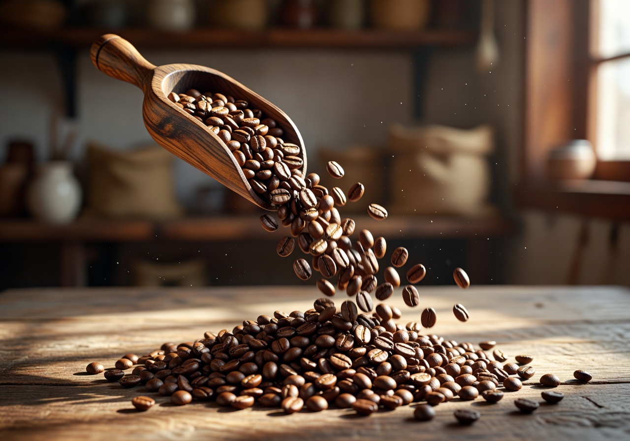 Roasted coffee beans cascading from a small wooden scoop