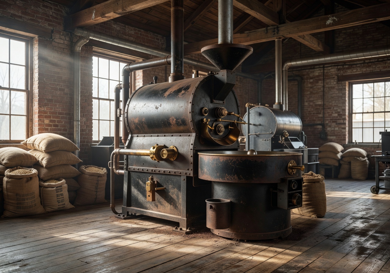Roastery interior with vintage drum roaster and natural light