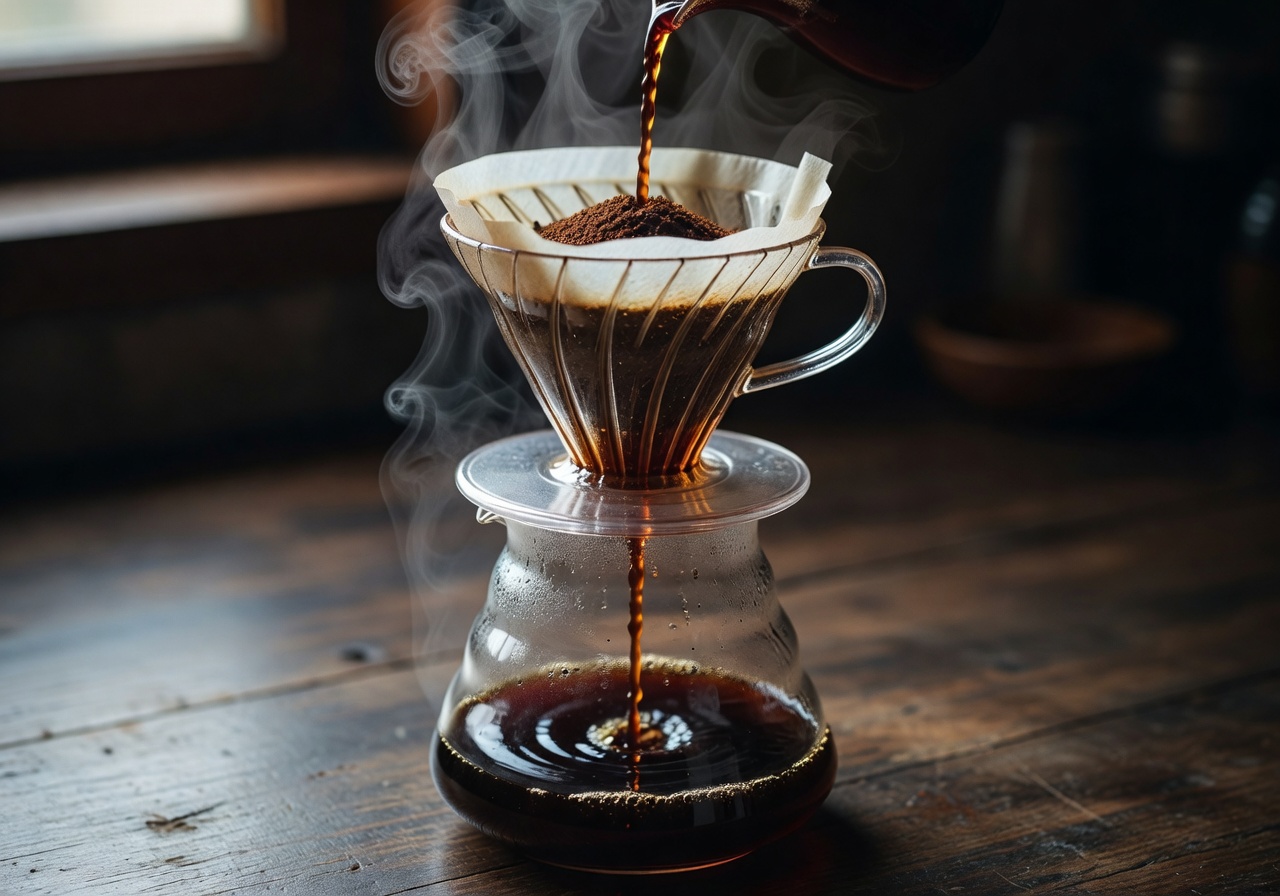 Steaming pour-over coffee dripping into a glass carafe