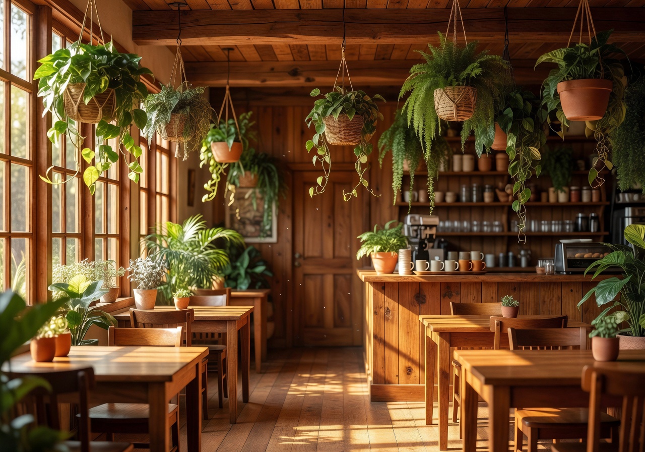 Sunlit cafe interior with hanging plants and warm wood textures