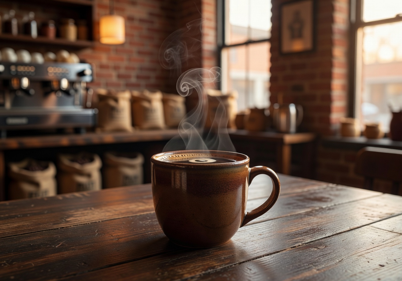 Warm coffee shop interior with steam rising from a freshly brewed cup